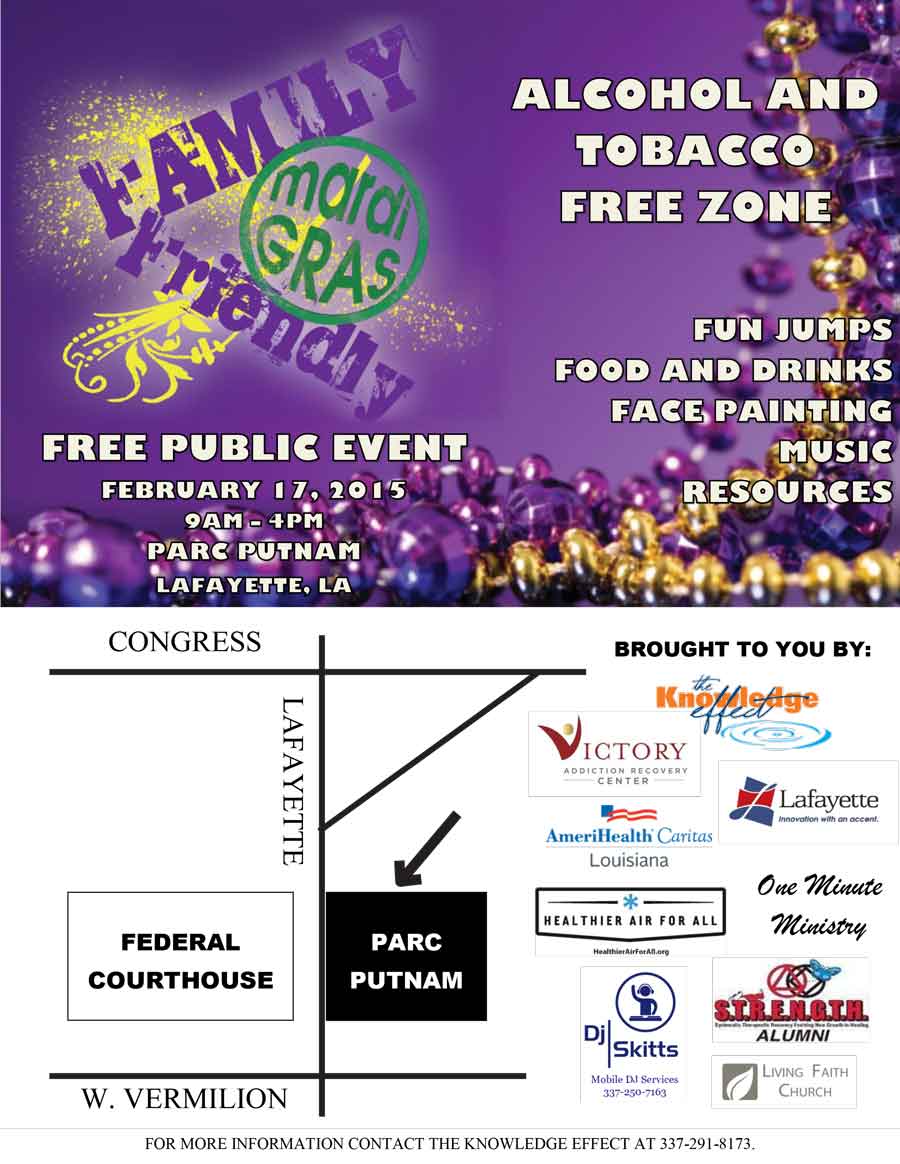 Family Friendly Mardi Gras Free Public Event - Victory Addiction Recovery Center sponsoring this event on February 17, 2015 at Parc Putnam in Lafayette, LA