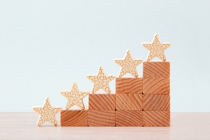 5 wooden stars placed on steps made of wooden blocks - continuing care and support