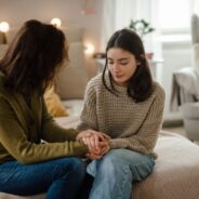 A woman and a teenage girl sit on the edge of a bed holding hands. Both look down with thoughtful, serious expressions, sharing a quiet moment in a softly lit room. Ask ChatGPT