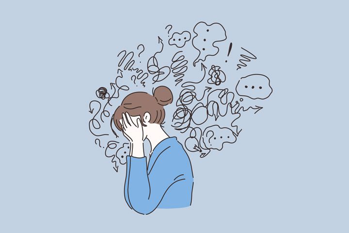 illustration of woman with depression or anxiety problems - mental illness and addiction